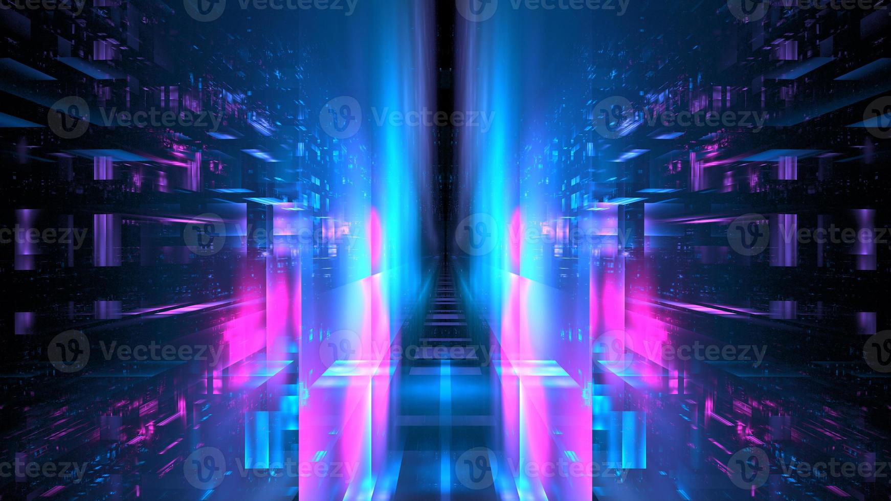 Digital interior building Hi tech Abstract data center server tonel. Business technology blurred Polygonal geometric digital cyberpunk space, color light. 3D render photo