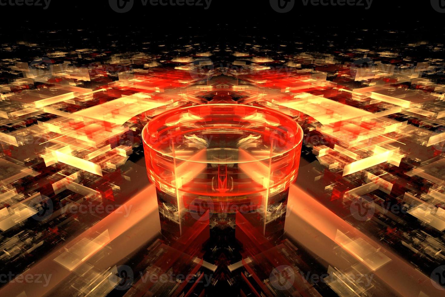 Digital interior building Hi tech Abstract data center server tonel. Business technology blurred Polygonal geometric digital cyberpunk space, color light. 3D render photo
