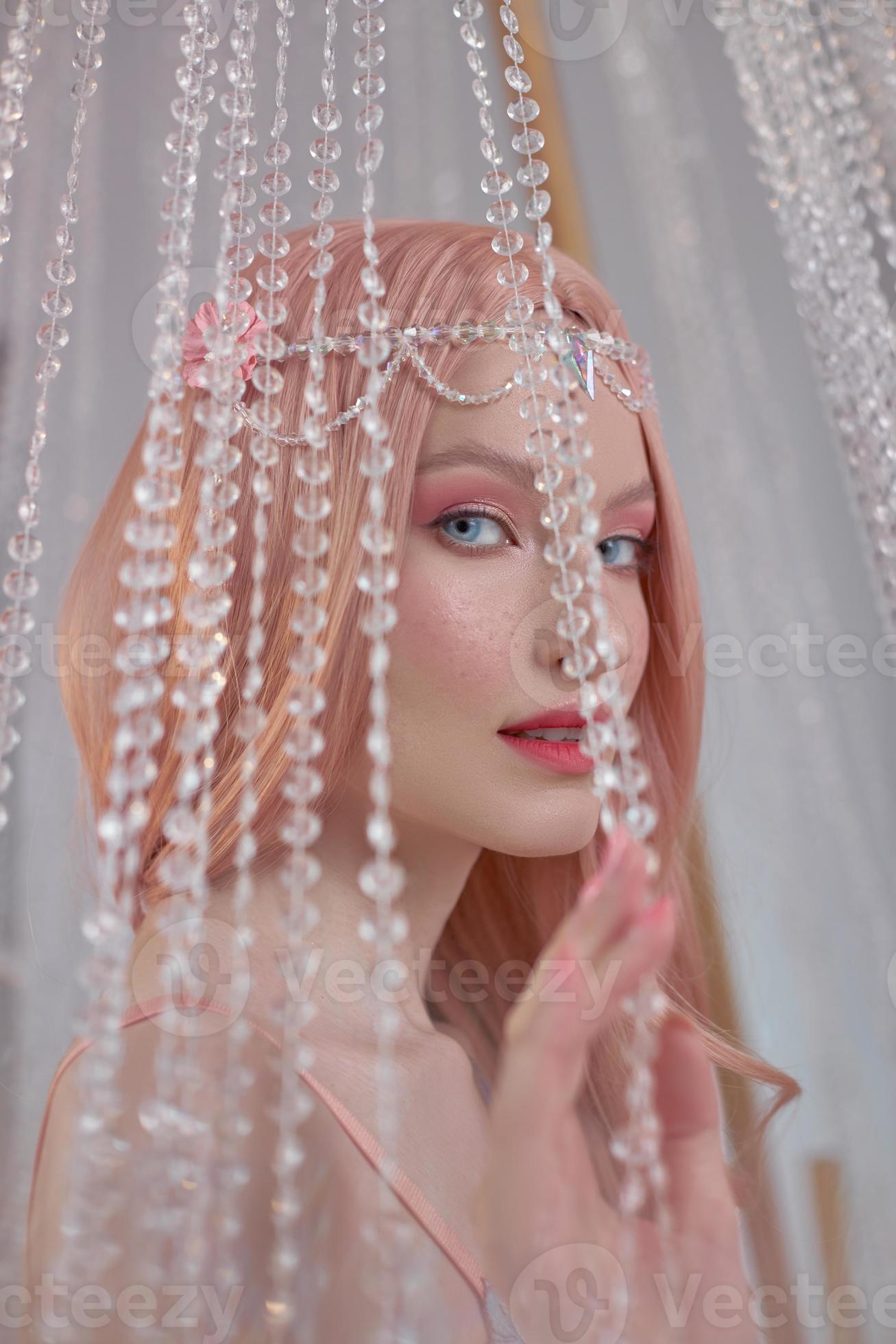 Beautiful elf woman in underwear, long pink hair. Beauty portrait