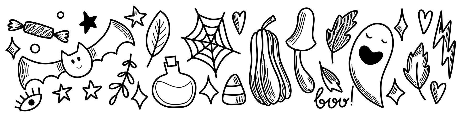 Halloween vector set of elements. Line art flat design. Pack of outline symbol. Design icons for promotion banners and cards. Pumpkin, jack o lantern, candy, poison, candle, spell, bone, magic.