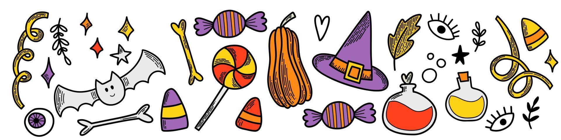 Halloween vector set of elements. Line art flat design. Pack of outline symbol. Design icons for promotion banners and cards. Pumpkin, jack o lantern, candy, poison, candle, spell, bone, magic.