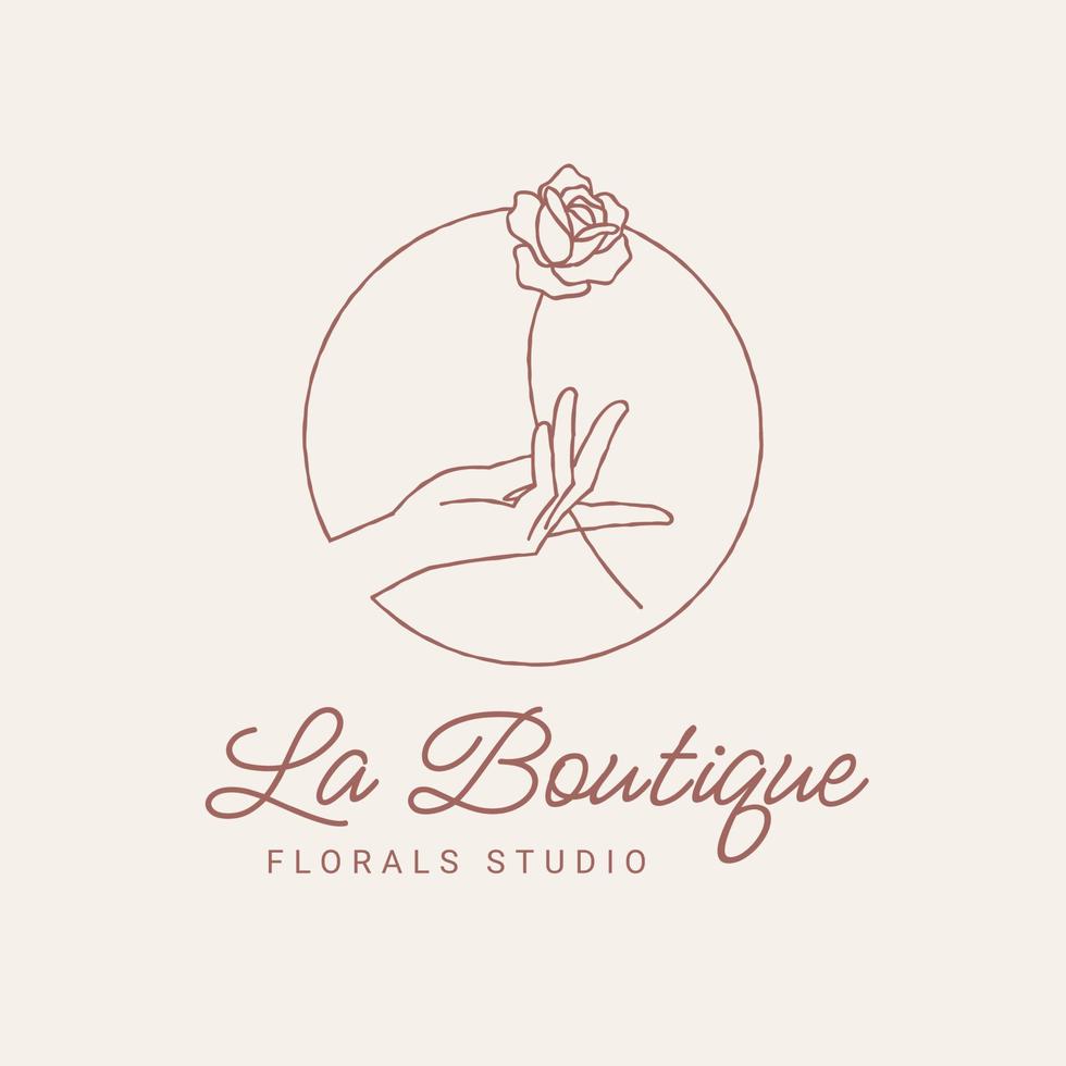 Hand Drawn Feminine Logo. Modern Flower House Logo Template for florists, photographers, fashion bloggers, design studios, and interior designers. Branding identity collection. Floral minimal logo vector