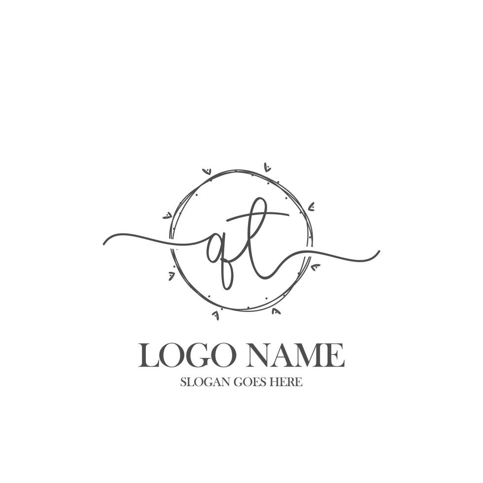 Initial QT beauty monogram and elegant logo design, handwriting logo of initial signature, wedding, fashion, floral and botanical with creative template. vector