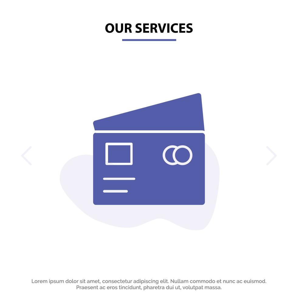 nuestros servicios crédito débito pago global compras icono de glifo sólido plantilla de tarjeta web vector