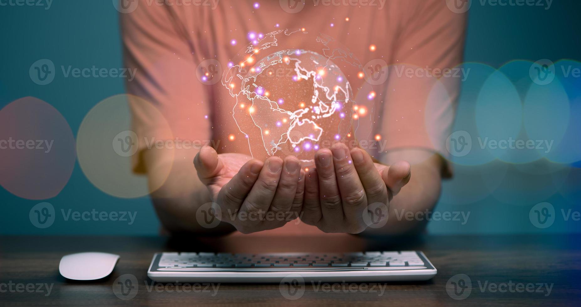 Businessman holding Global network connection. Big data analytics and business intelligence concept. World map point and line composition concept of global business. Digital link tech. photo