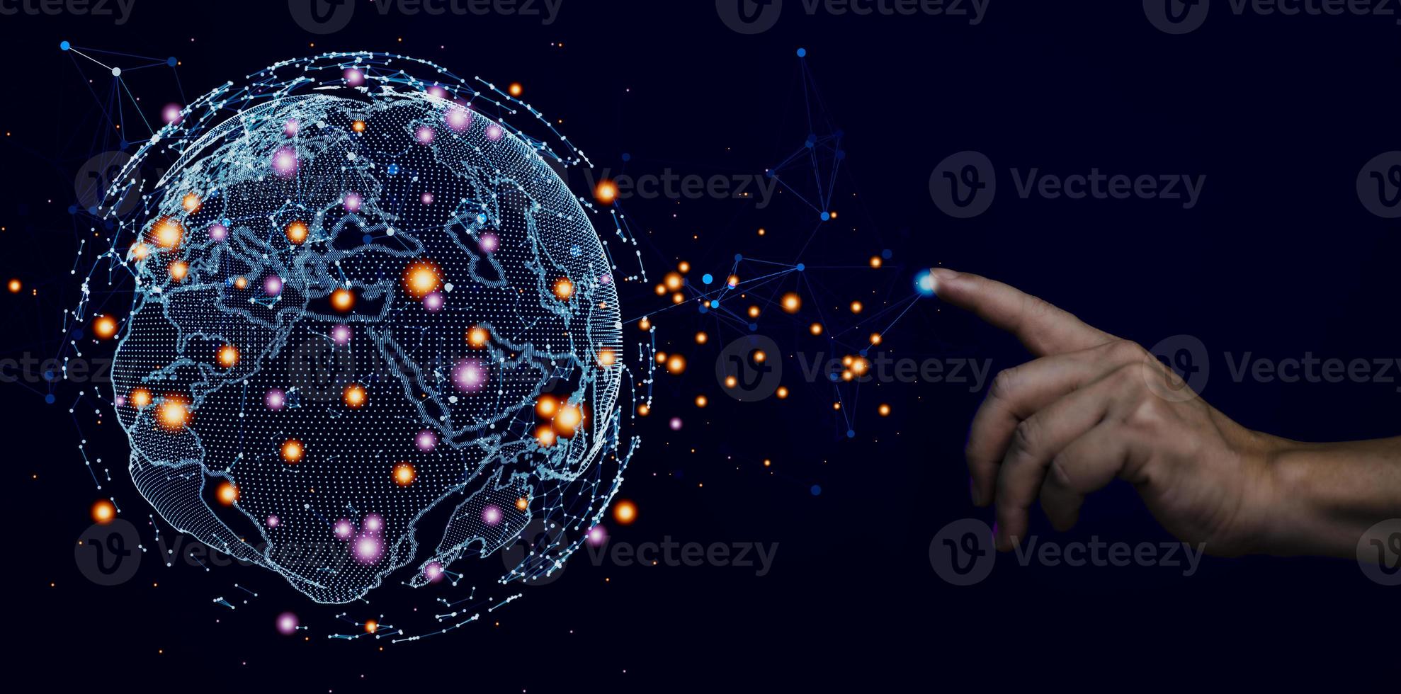 Connection technologies background, Human finger touching on global network linking technology. photo