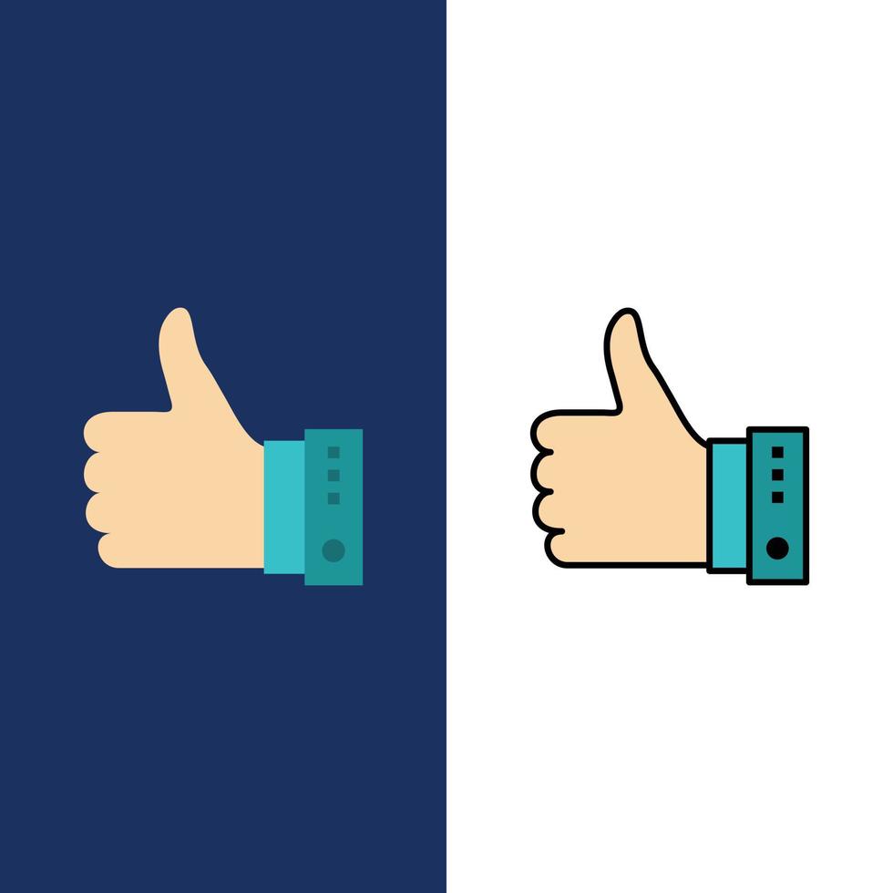 como gesto de dedo mano pulgar arriba sí iconos planos y llenos de línea conjunto de iconos vector fondo azul