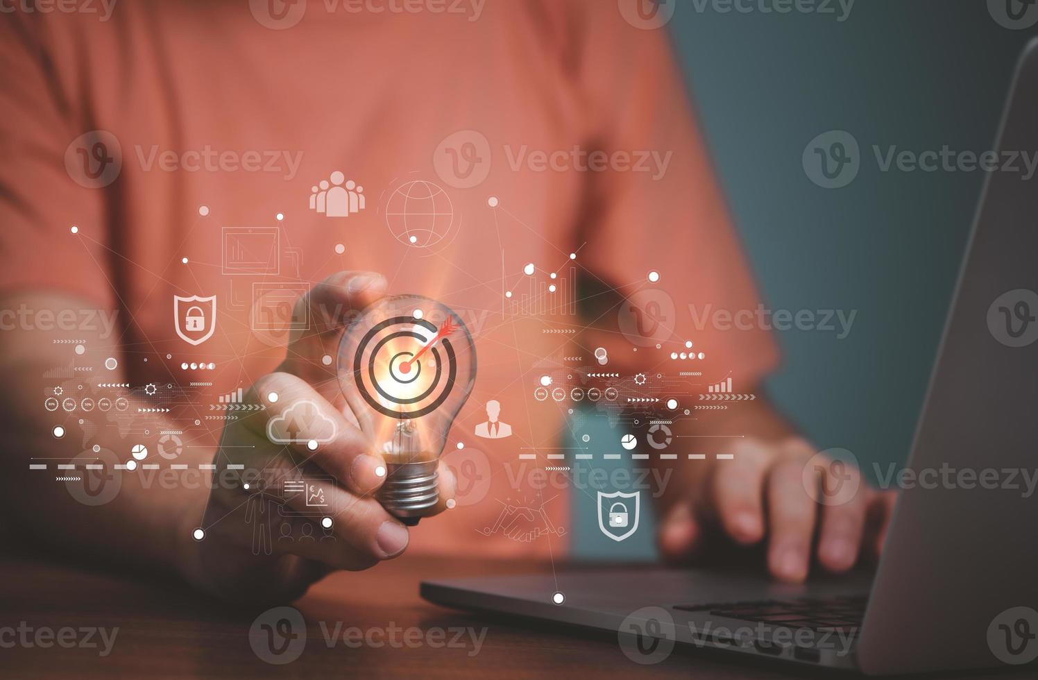 Man Hand holding Light bulb Global Internet connection. Business global internet connection application technology and digital marketing, Financial and banking, Digital link tech, big data. photo
