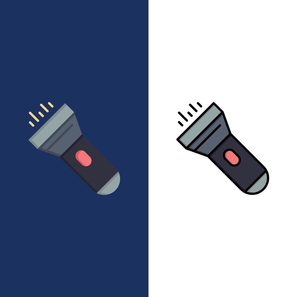 linterna luz antorcha flash iconos planos y llenos de línea conjunto de iconos vector fondo azul