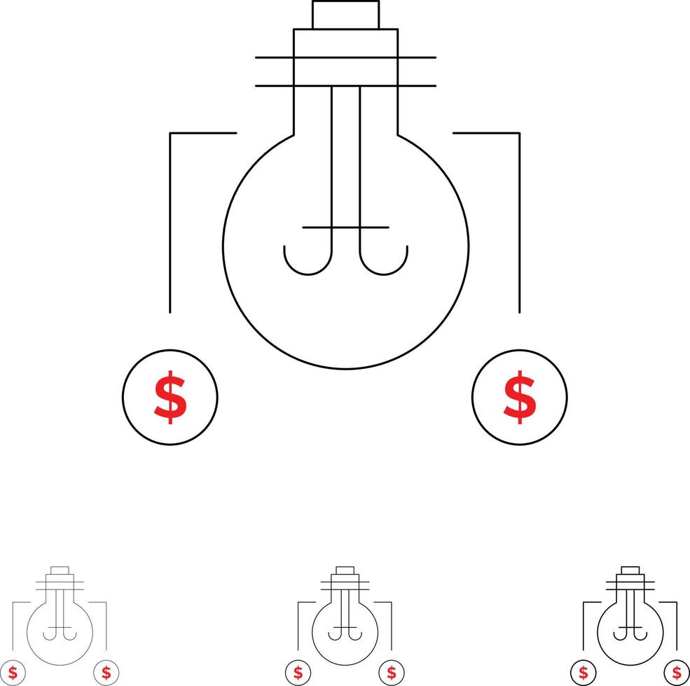 bulbo, idea, solución, dólar, negrita, y, delgado, línea negra, icono, conjunto vector