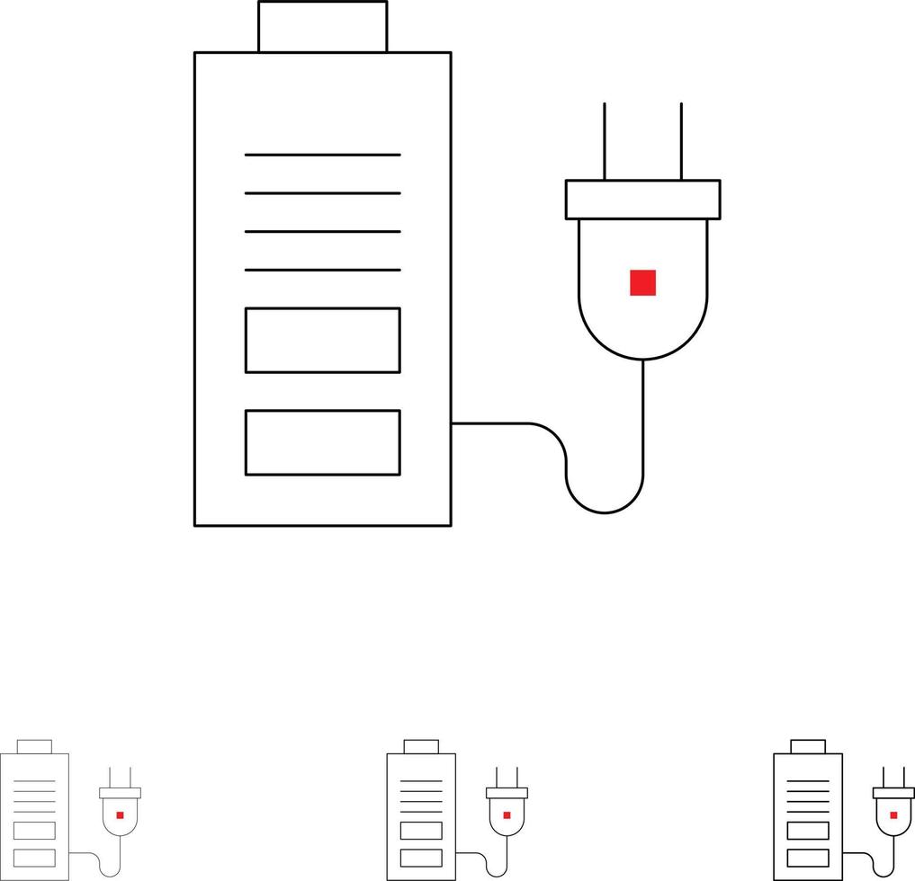 Accumulator Battery Power Plug Bold and thin black line icon set vector