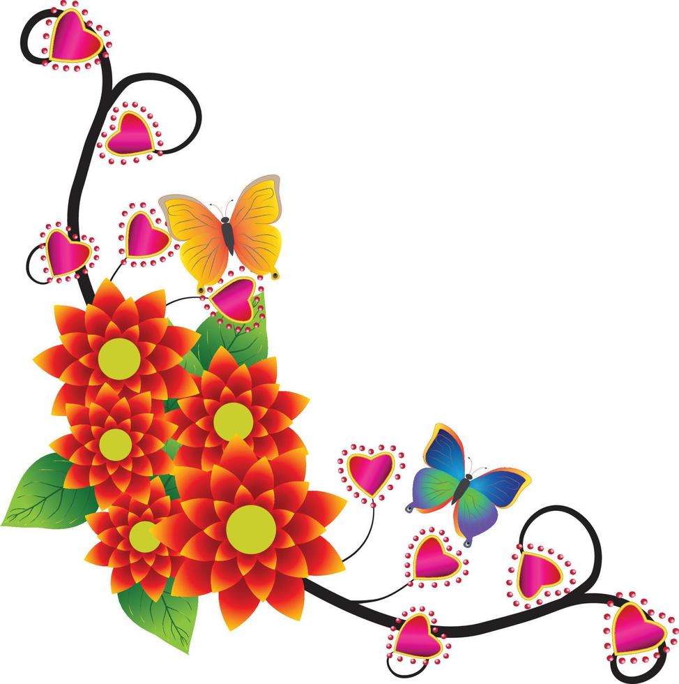 Beautiful corner ornament consisting of flowers, leaves and butterflies vector