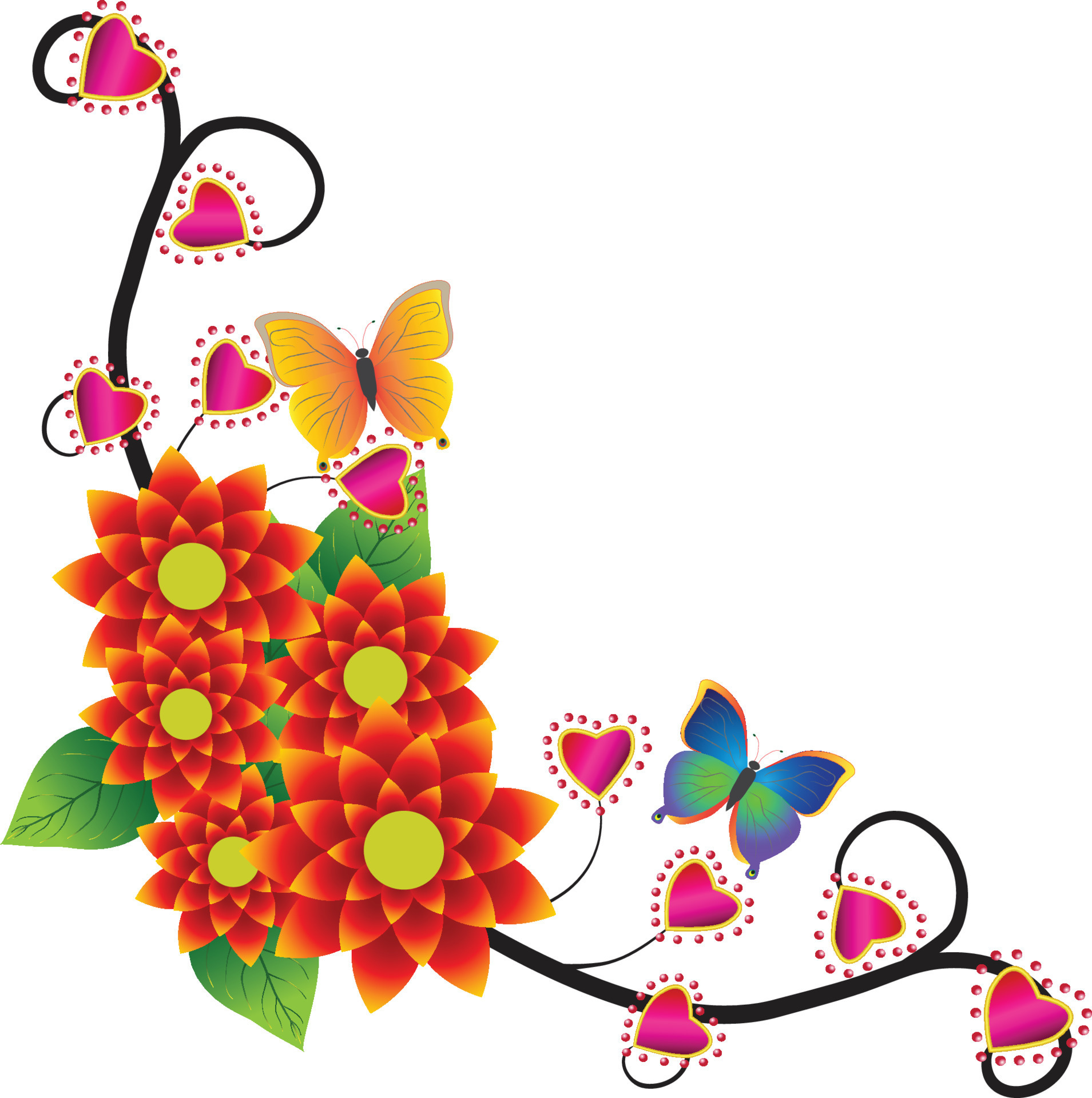 hermoso adorno de esquina compuesto por flores, hojas y mariposas