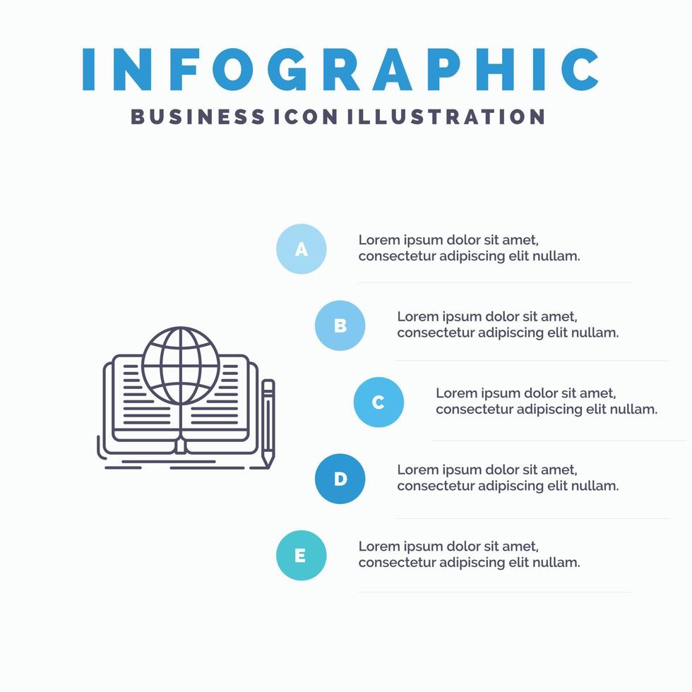 escribir novela libro historia teoría línea icono con 5 pasos presentación infografía fondo vector