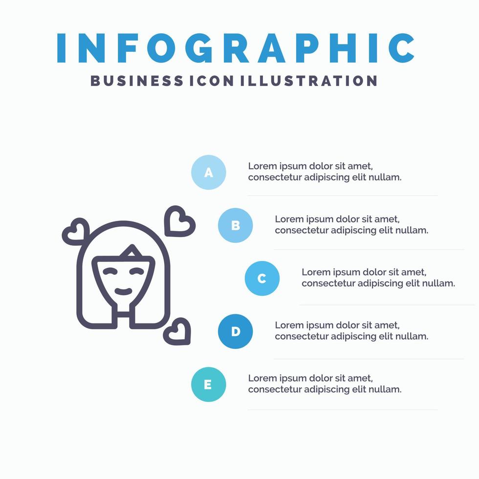 niña persona mujer avatar mujer línea icono con 5 pasos presentación infografía fondo vector