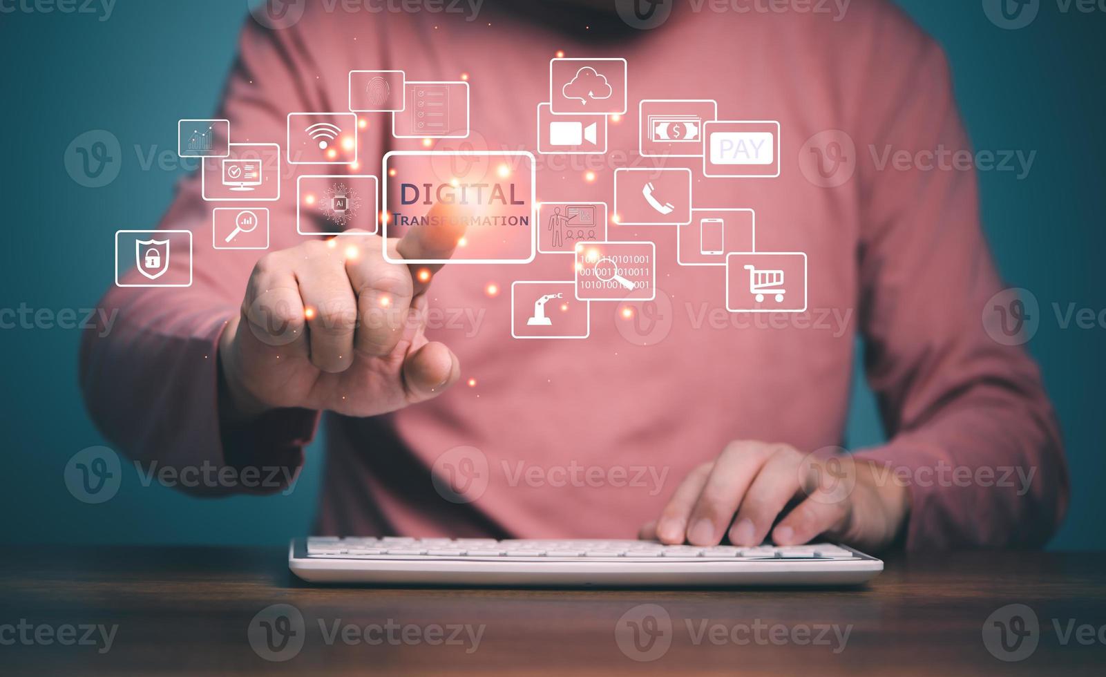 Digital transformation technology strategy, digitization and digitalization of business processes and data, optimize and automate operations, customer service management, internet and cloud computing. photo