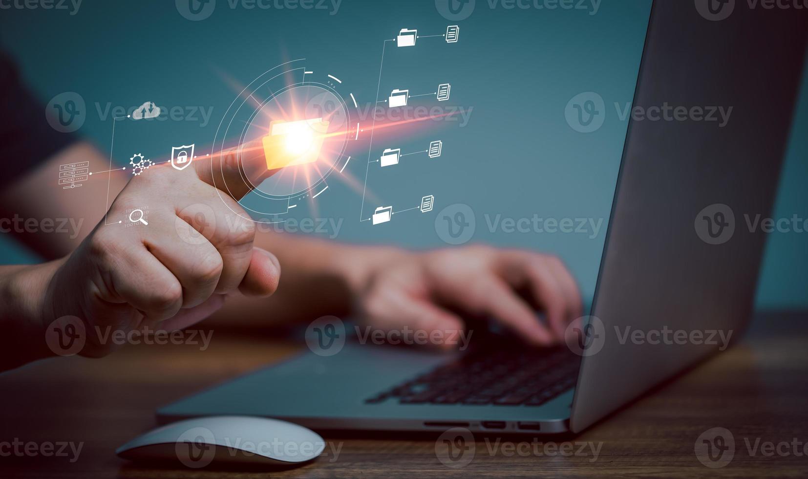 IT staff working with Document Management System, DMS, online documentation database and process automation to efficiently manage files, Corporate business technology. photo