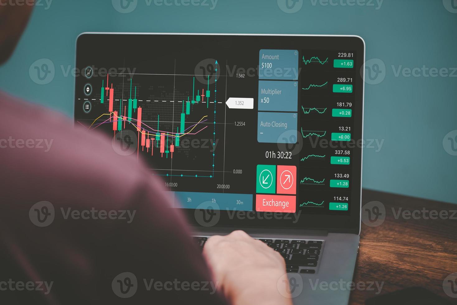 planning and strategy, Stock market, trader or investor working at home. Technical price graph and indicator, red and green candlestick chart and stock trading computer screen background. photo
