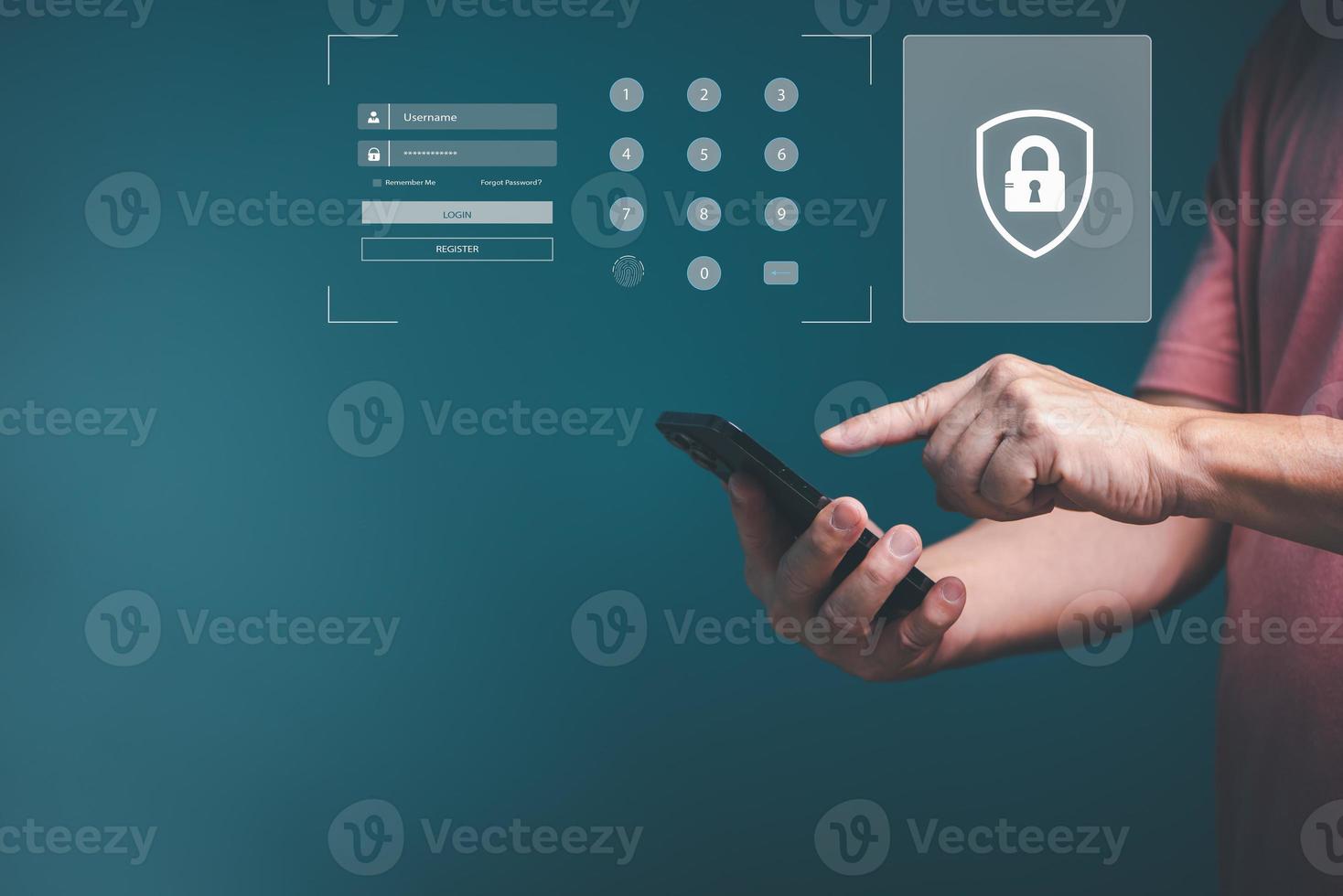 Man hands using smartphone log into website application with username, password and footprint for cyberspace security protection, copy space. photo