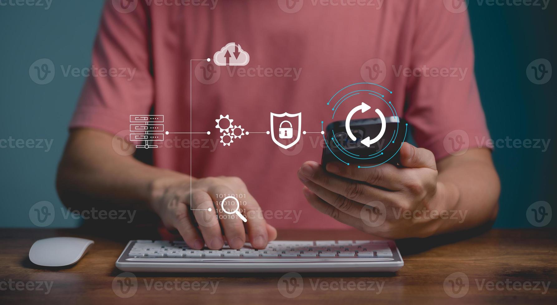 Hand typing on keyboard, searching online internet, cloud computing network technology concept. photo