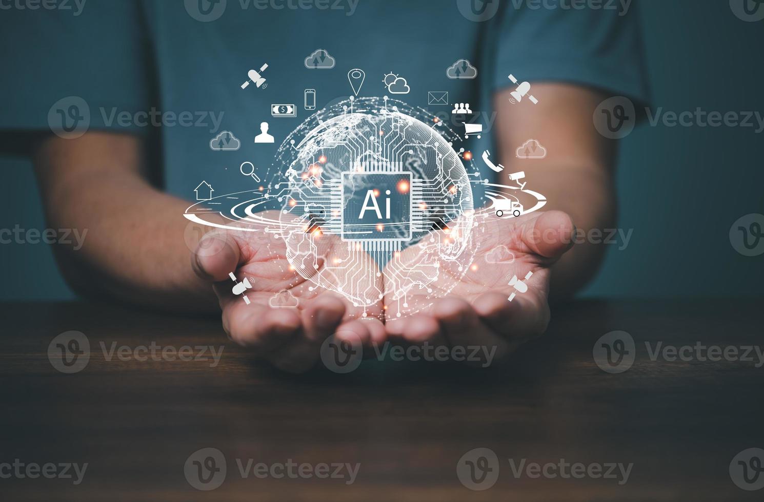 mano de hombre sosteniendo virtual ai conexión de enlace de Internet global digital comunicación de información y teléfono móvil, tecnología de big data de metaverso para aplicaciones, negocios, marketing digital, comercio electrónico. foto