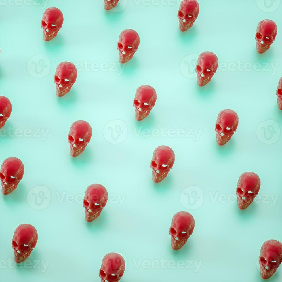 Seamless pattern of red skulls on blue. 3d render background photo