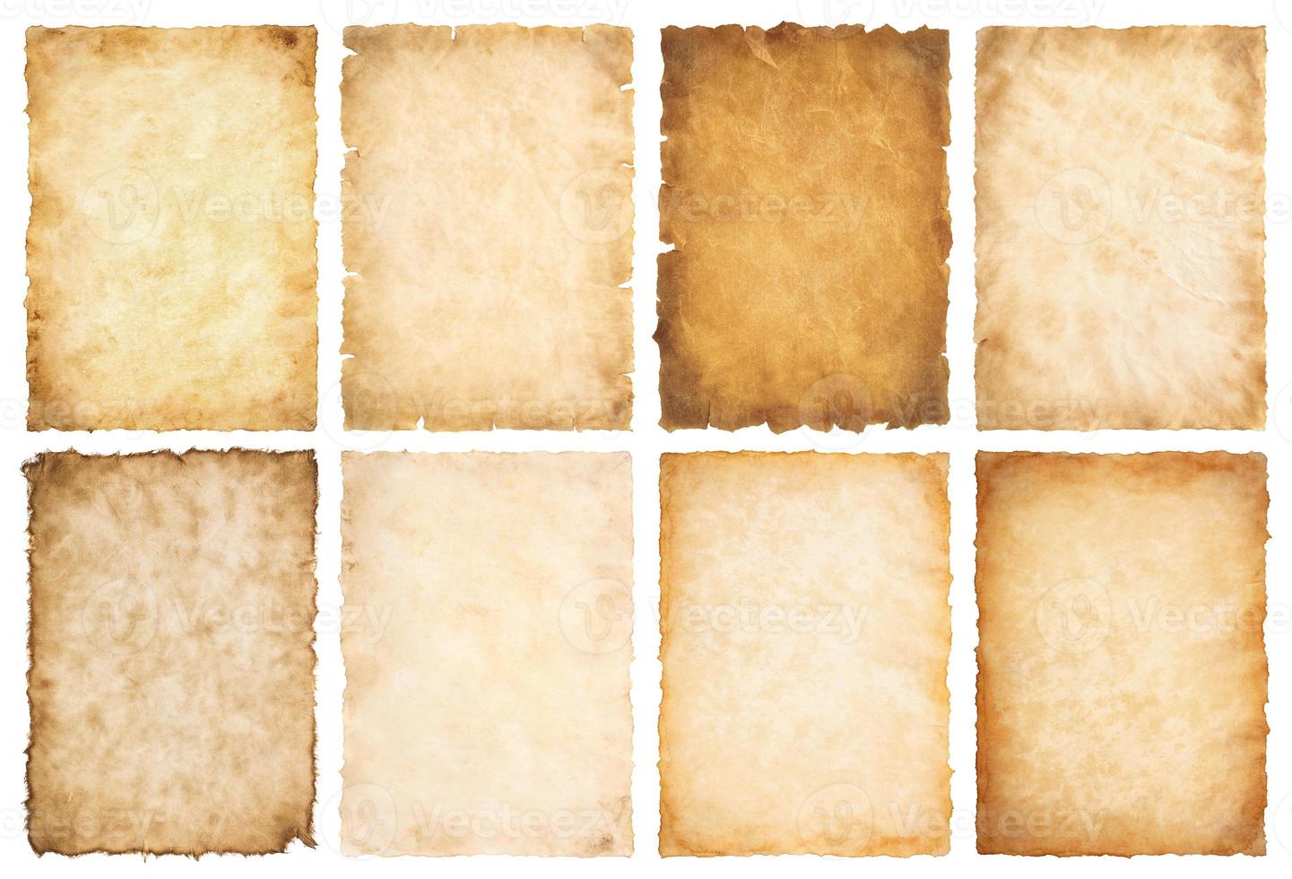 collection set old parchment paper sheet vintage aged or texture isolated on white background photo
