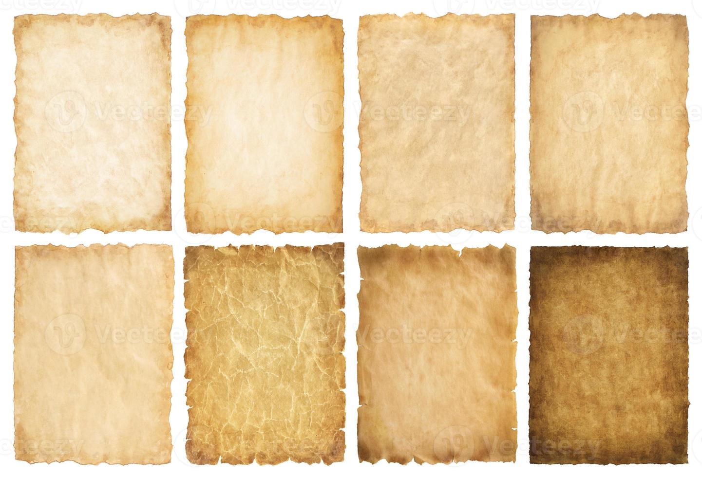 collection set old parchment paper sheet vintage aged or texture isolated on white background photo