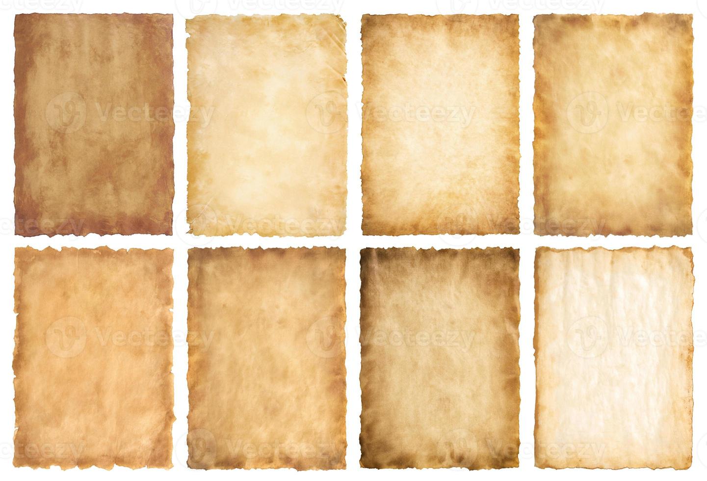 collection set old parchment paper sheet vintage aged or texture isolated on white background photo