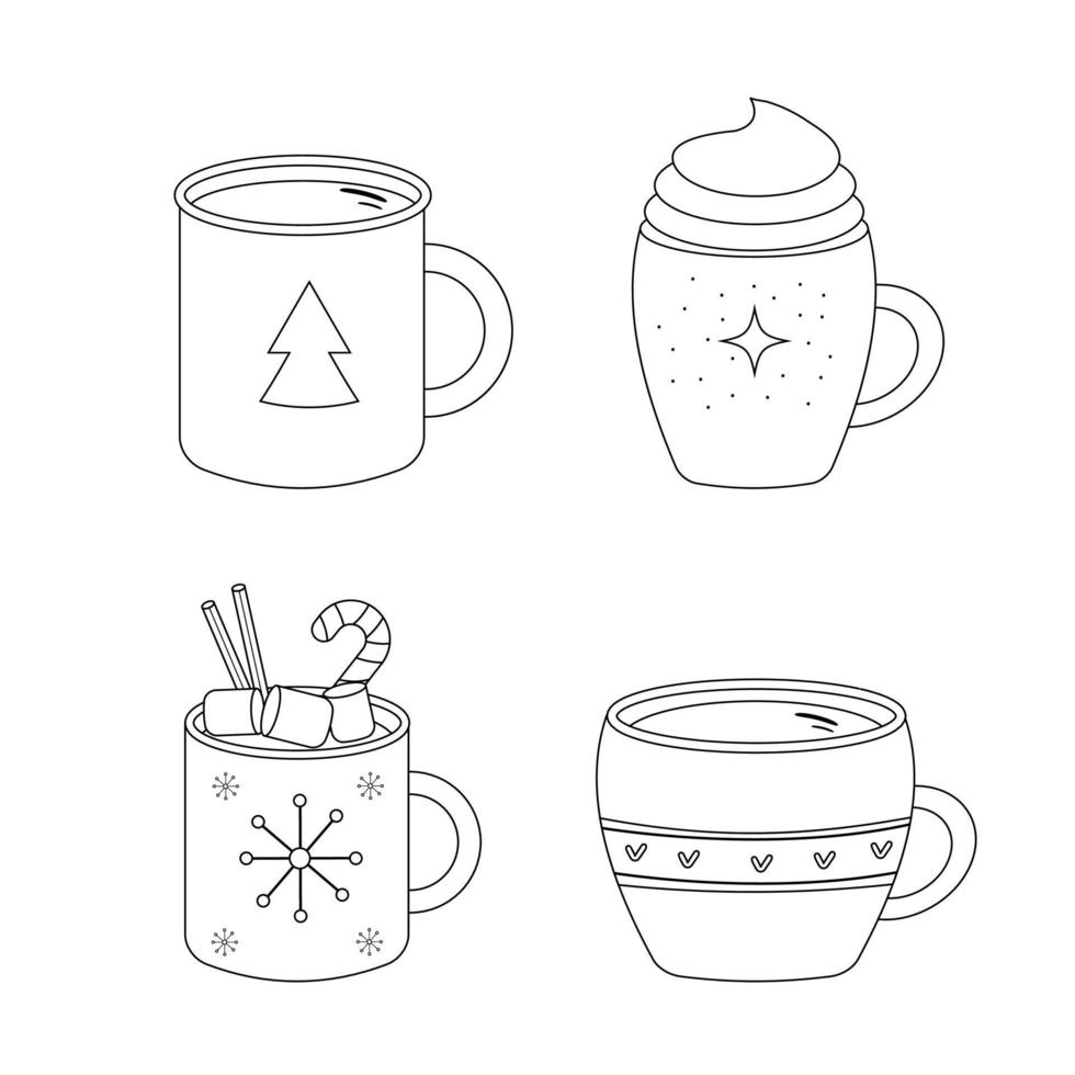 Set of outline outline of Christmas winter cups with sweets. Vector illustration