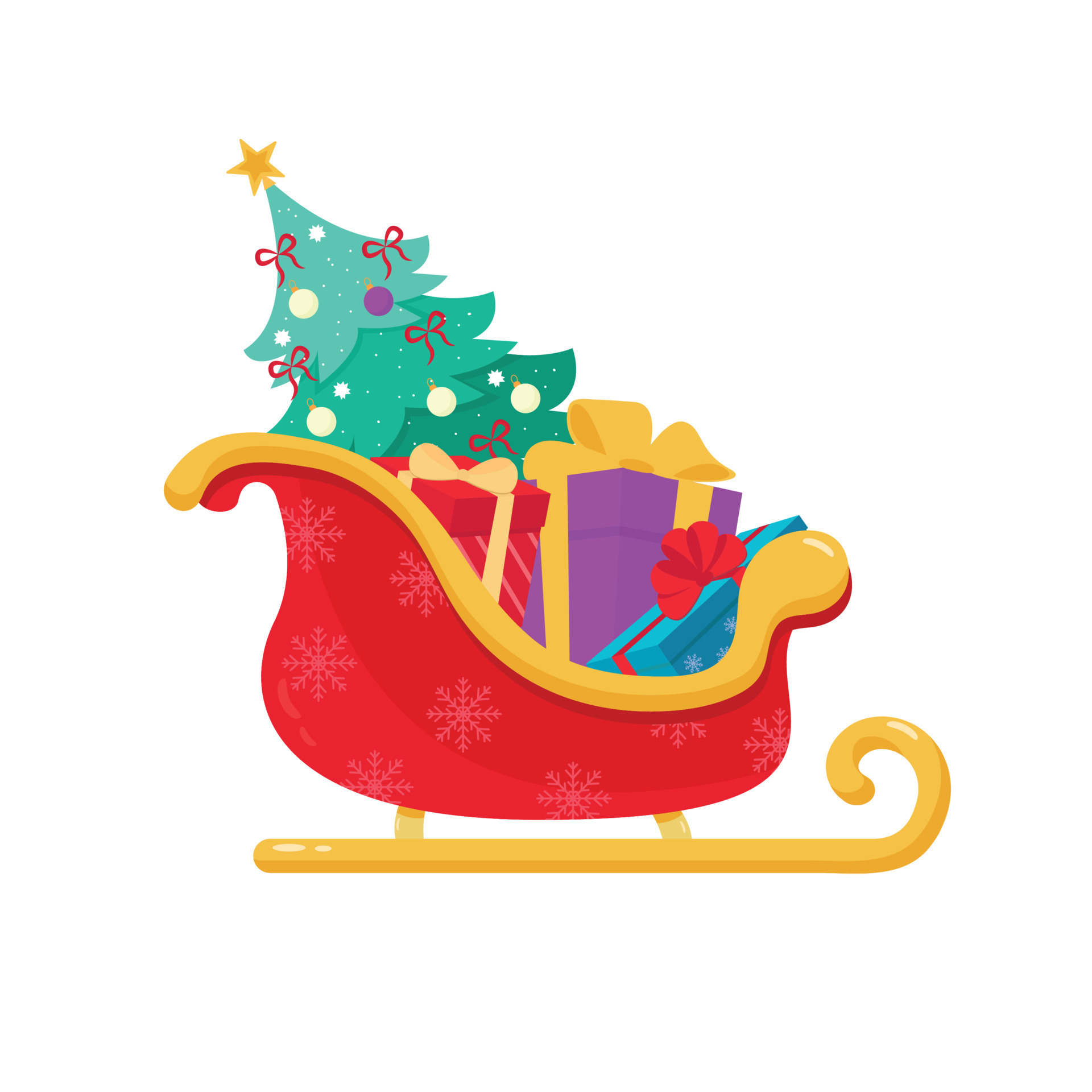 Santa Claus sleigh with presents and Christmas tree on white background ...