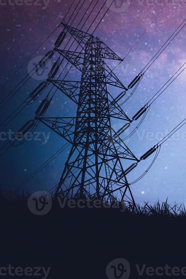 Silhouettes of high voltage poles and power lines It has a complex steel structure, it is strong and durable. photo