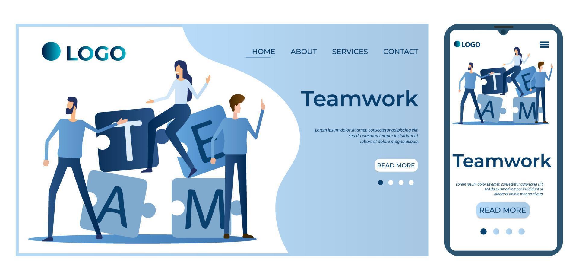 Teamwork.Joint work, brainstorming.Template for the user interface of the site's home page.Landing page template.The adaptive design of the smartphone.vector illustration. vector
