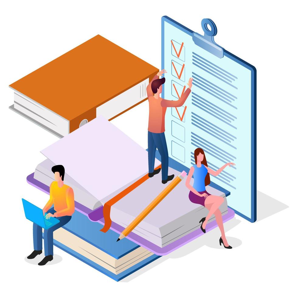 Isometric image of the people engaged in clerical work.Time-management.Teamwork and control of the business process.People, folders, and papers.The concept of corporate communication. vector