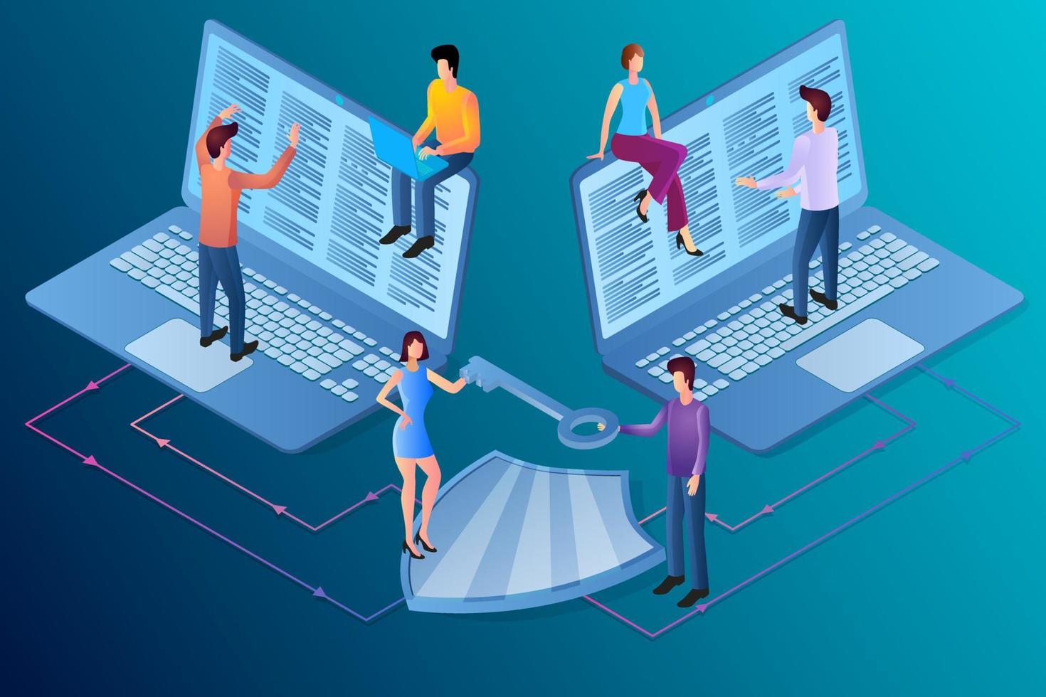 Isometric image of a secure Internet connection.Data security, protection from viruses and spies.People shield and laptops.The concept of protection and safety. vector