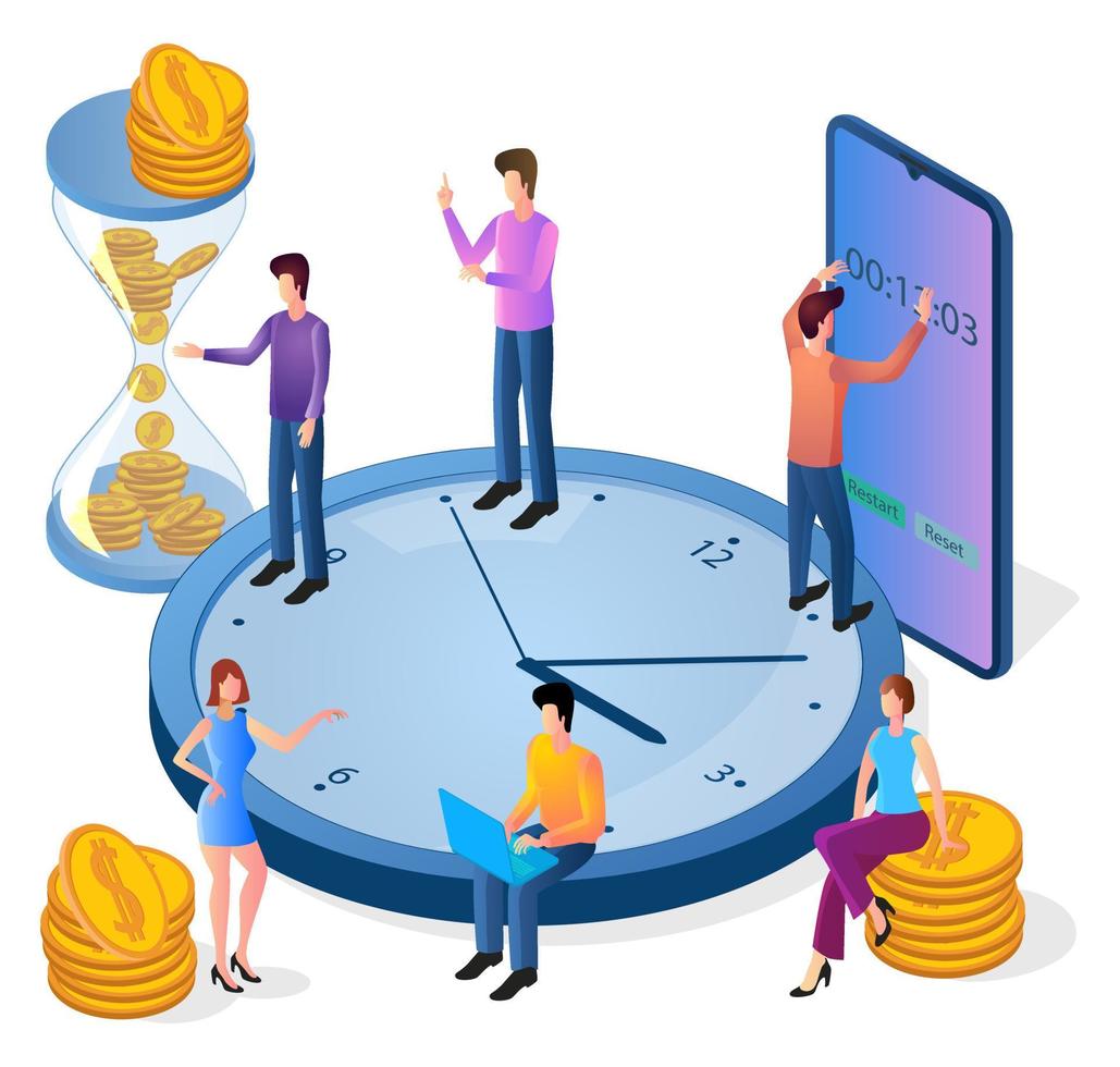 Isometric image of business activity.Time-management.Teamwork and time control.People, watches, and smartphones.The concept of corporate communication. vector