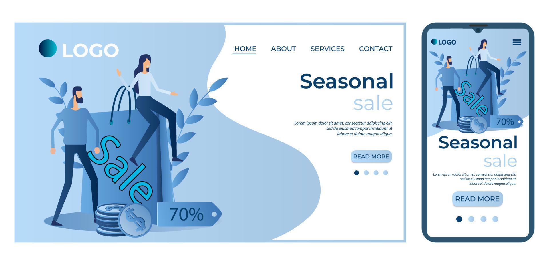 Seasonal sale.Trade, discounts and coupons.Template for the user interface of the site's home page.Landing page template.The adaptive design of the smartphone.vector illustration. vector