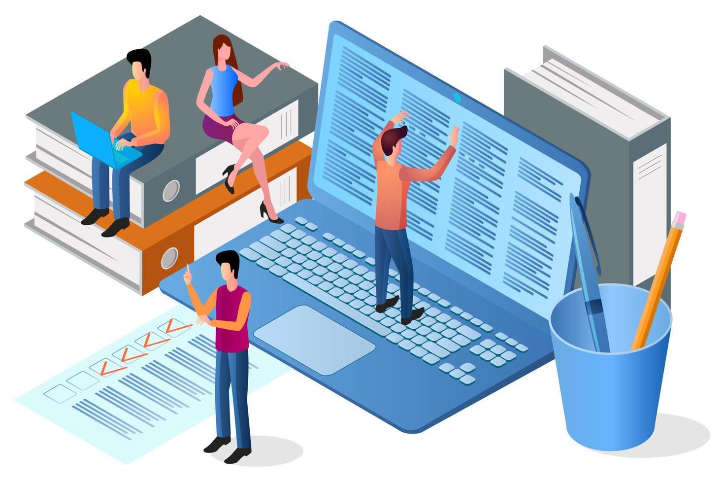 Isometric image of office work.A metaphor for teamwork.People do paperwork.A symbol of team, partnership, and collaboration.People laptop and office supplies. vector