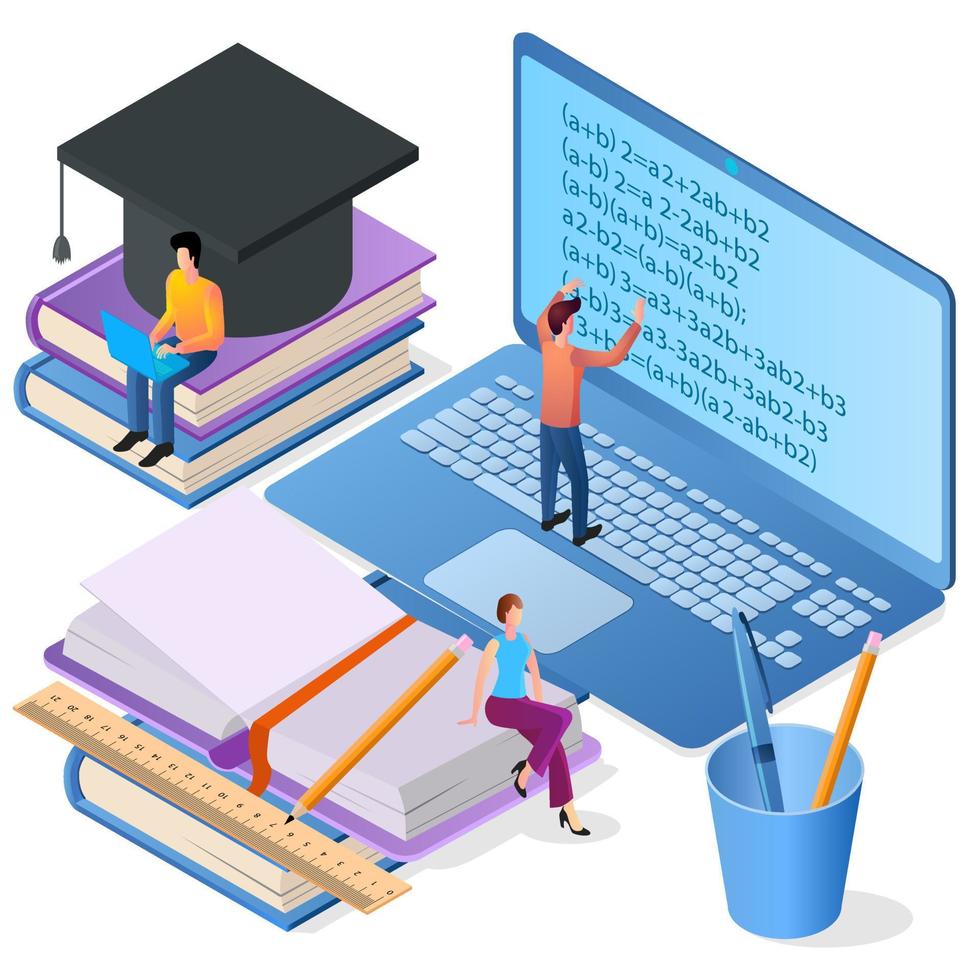 Online education.The concept of getting an education using the Internet.You can use it for web design, infographics, and banners.Flat isometric vector illustration on a white background.