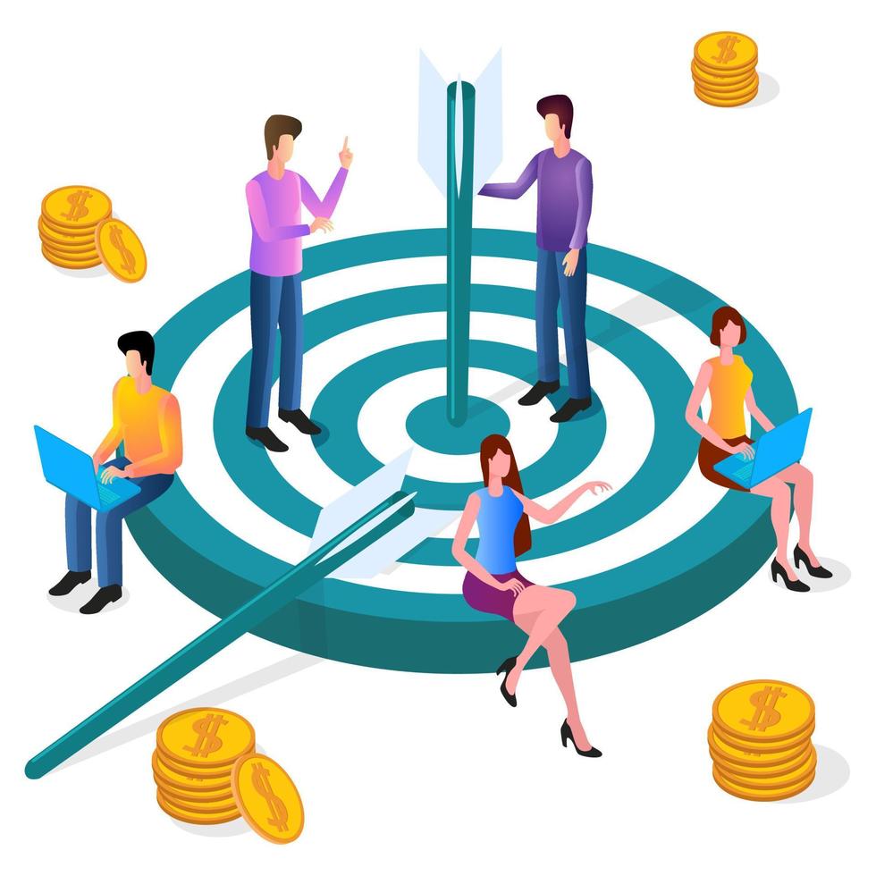 Choosing a financial goal.Achieving business growth.Regulation of financial activities.People and a target are a symbol of purpose.Isometric vector illustration.