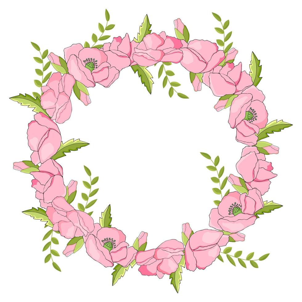 A wreath of pink poppies.Pink poppies surrounded by green leaves.Use a banner or design element as a postcard.Vector illustration. vector