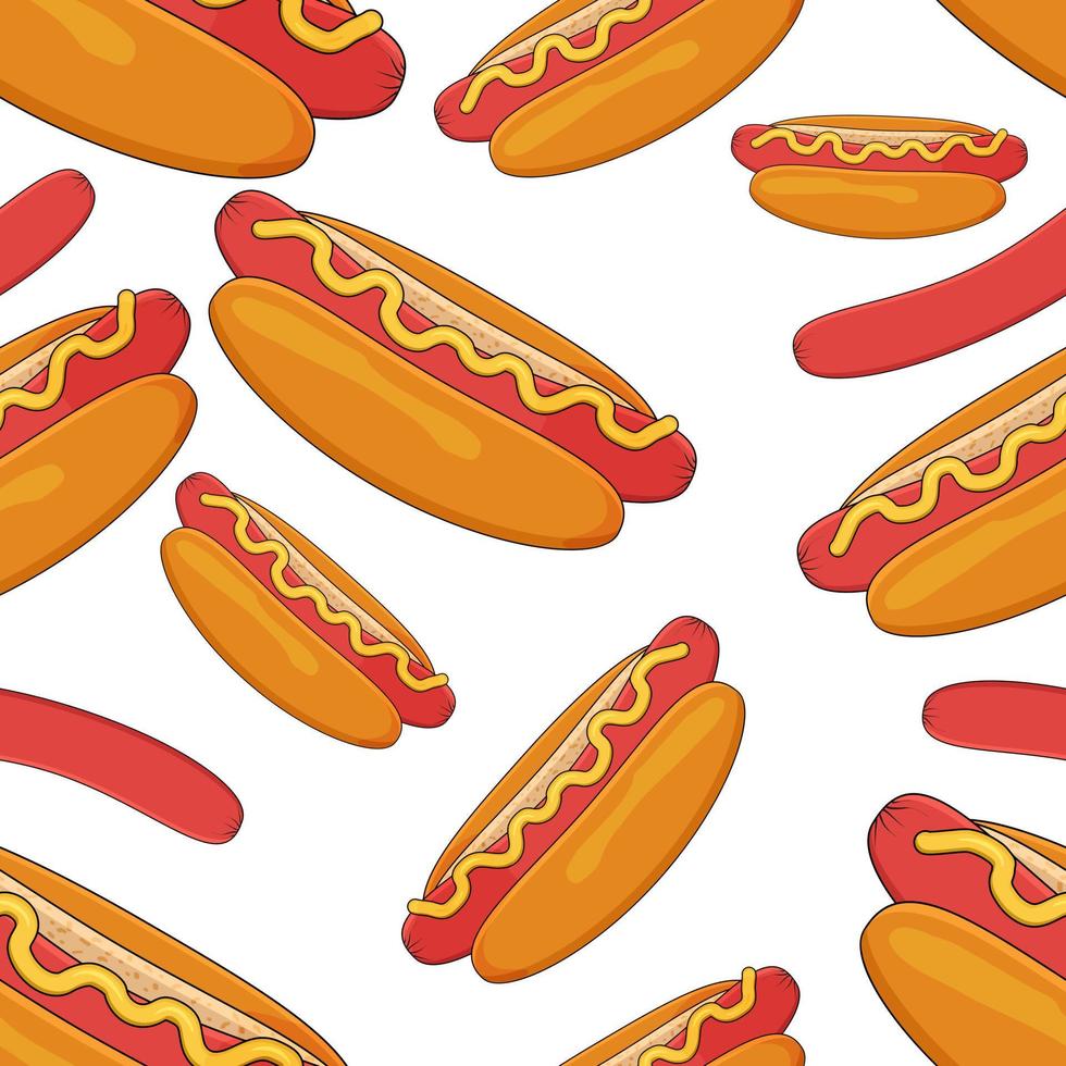 Seamless pattern of delicious hand-drawn hot dogs.Hot dogs with mustard isolated on a white background.You can use it for packaging paper and for design elements.Vector illustration. vector