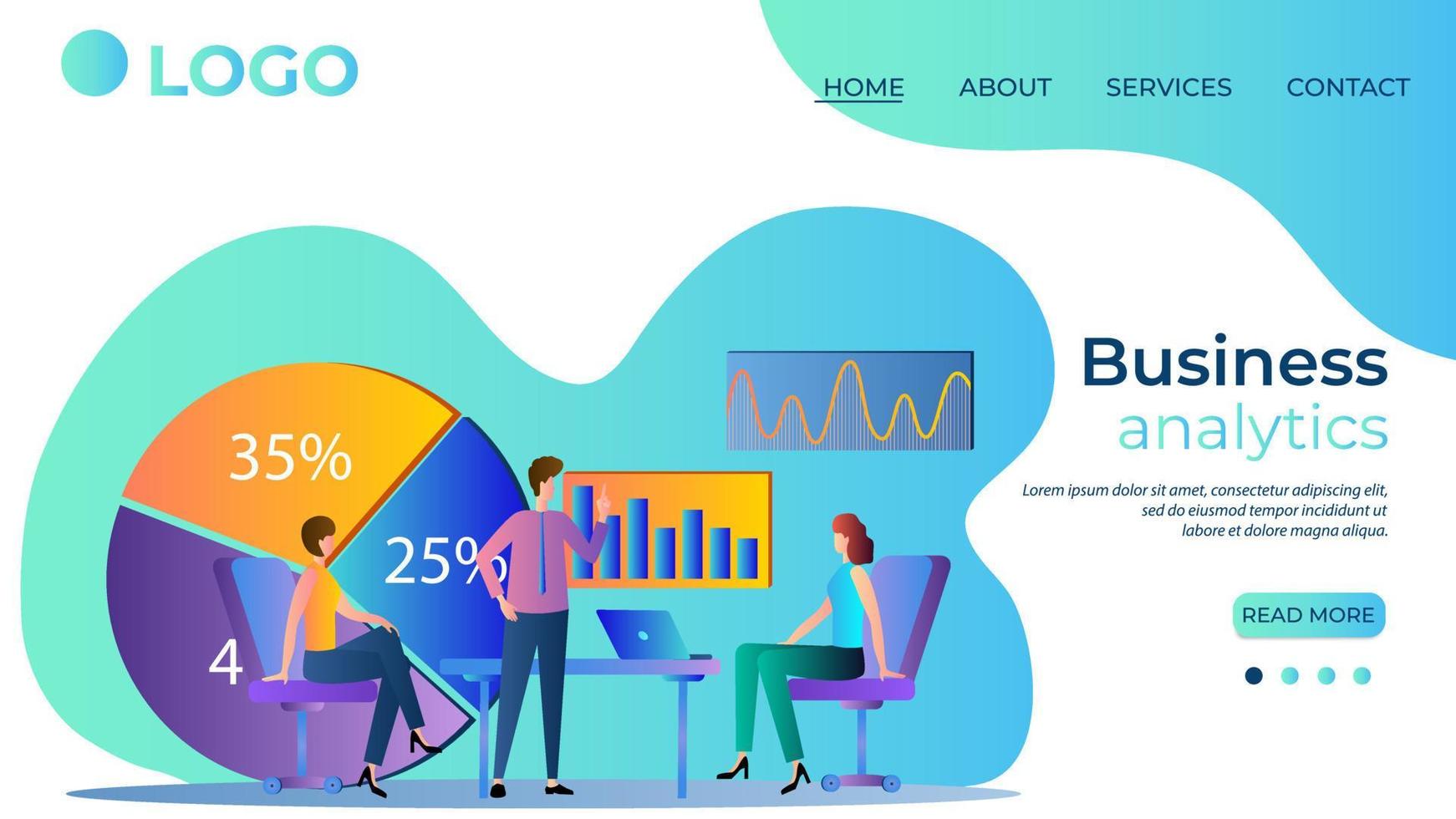 Business analytics.Assistance in running a business.People discuss investment projects.Data analysis.The template of the landing page.Flat vector illustration.