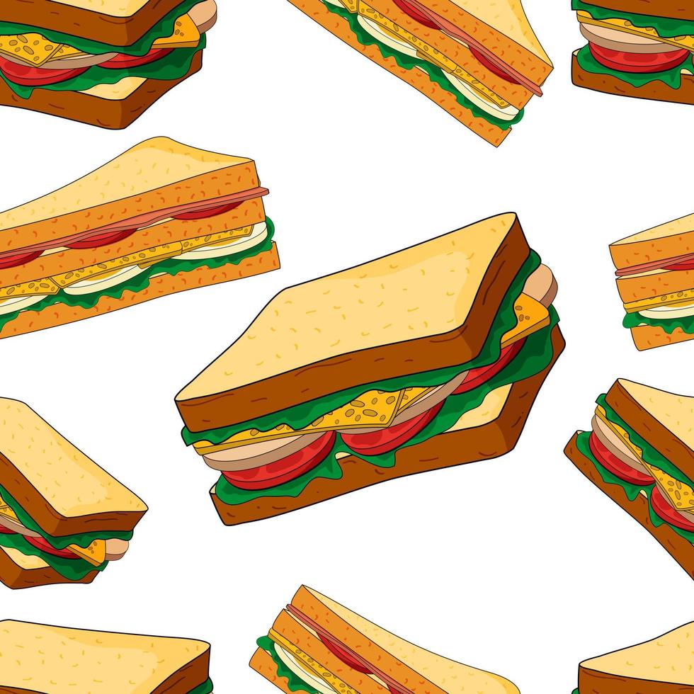 Seamless pattern of delicious drawn sandwiches. Different sandwiches isolated on a white background.You can use it for packaging paper and for design elements.Vector illustration. vector