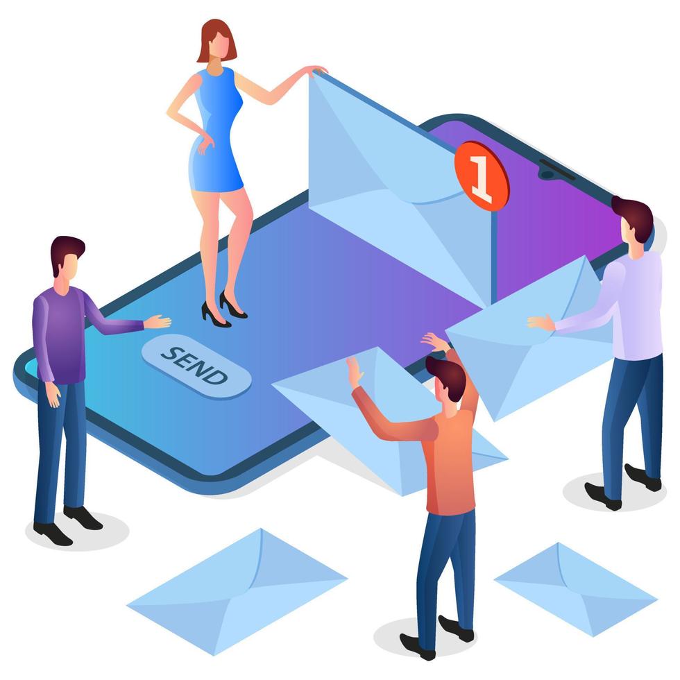 Sending mail online.People use the mobile app.E-mail marketing.People use their smartphones to send messages.Isometric vector image.
