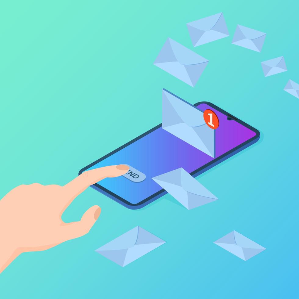 A person sends mail online.The concept of using Internet communication.Emails are sent from your smartphone.Online communication.Isometric vector image