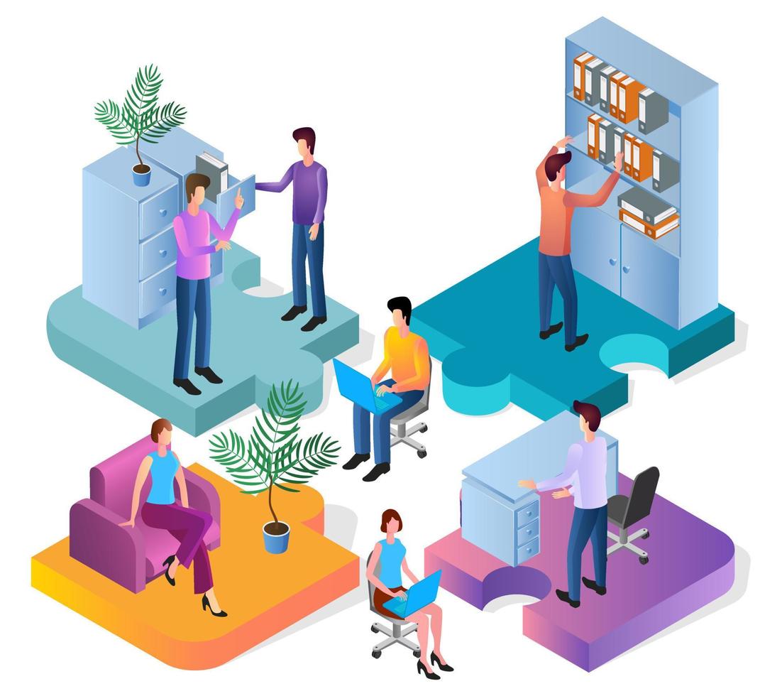 Office work.Coworking space.Young people men and women working in the office.The concept of collaboration.Teamwork.Isometric vector illustration.