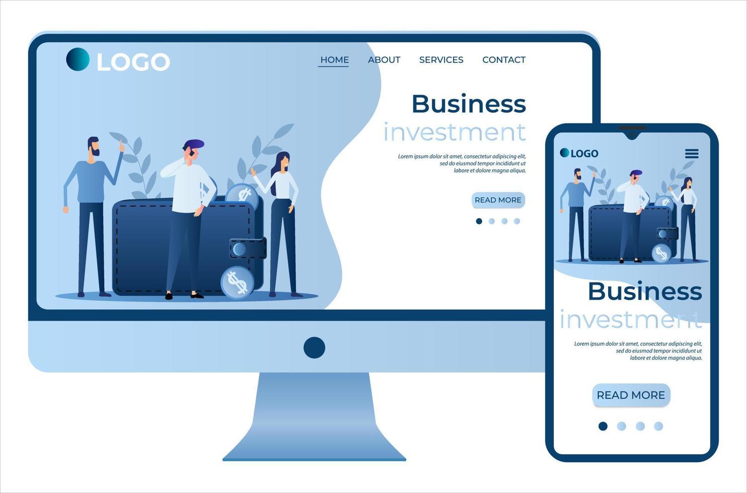 Business investment.People are investing in businesses.Website template, landing page concept.Responsive design.The screen of the smartphone and the computer.Vector illustration. vector