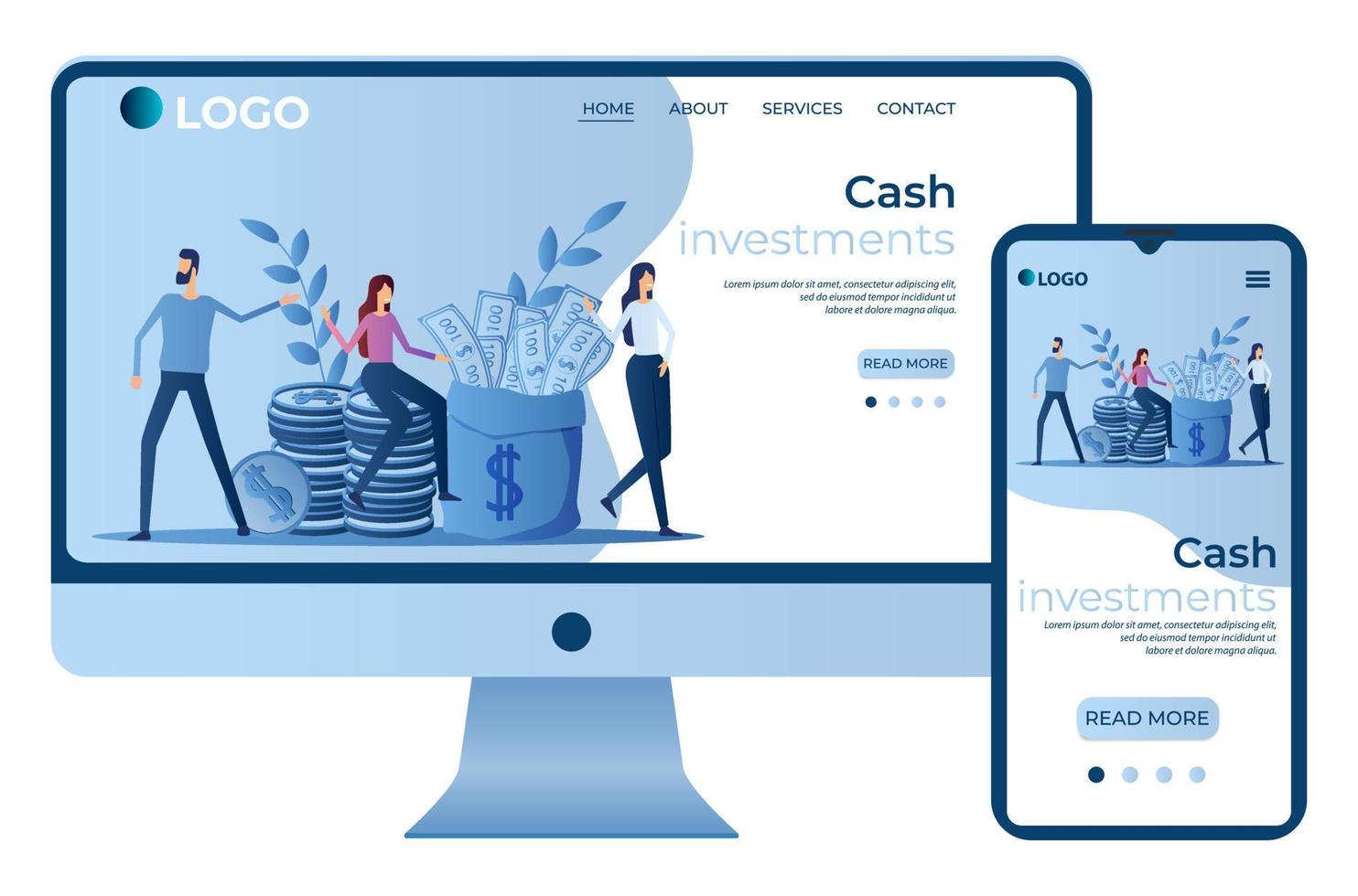 Cash investments.Financial control.People and money.Financial turnover.Site template, landing page concept.The adaptive design.The screen of the smartphone and the computer.Vector illustration. vector