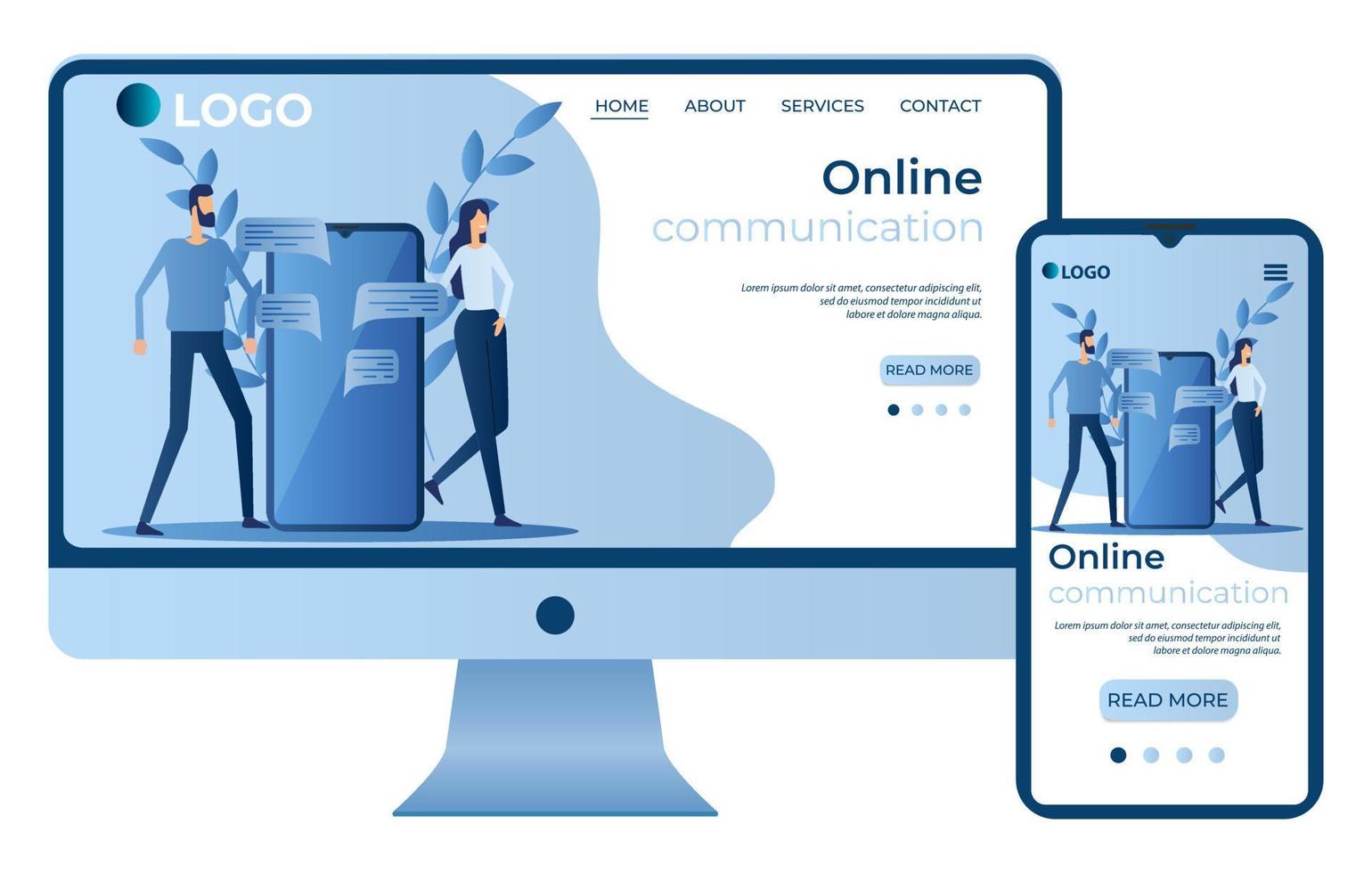 Online communication.The concept of communication, social networks.People, money and watches as a symbol.Site template, landing page concept.The adaptive design.The screen of the smartphone and the computer.Vector illustration. vector